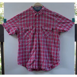 NAUTICA Casual Cotton Shirt Men's Pink Green White Plaid 2 Pocket Camping Size L